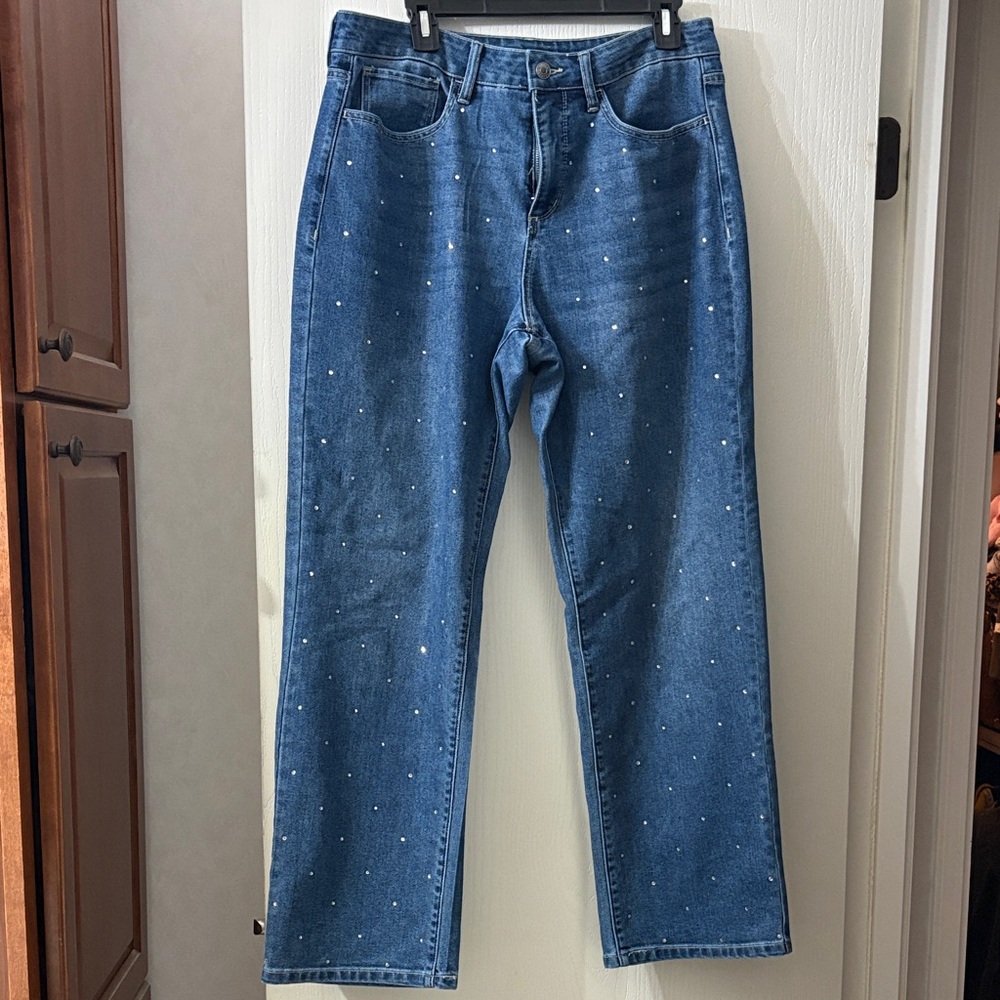 NWOT Express Wide Leg Blue Denim Jeans with Rhinestones size 10